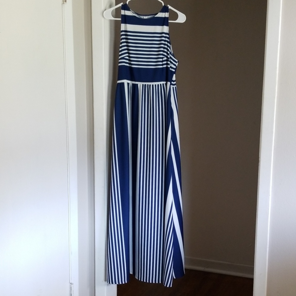 Blue and white striped dress